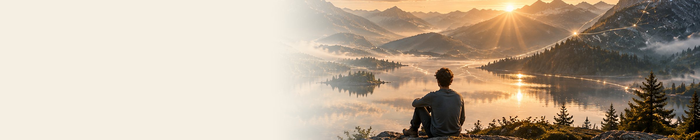 Iemand zit op een rots boven een spiegelend meer tussen de bergen bij zonsopkomst; dunne lichtlijnen verbinden de toppen.